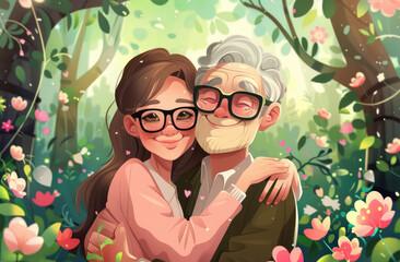 Wall Mural - A happy senior couple hugging in the park, surrounded by blooming flowers and greenery
