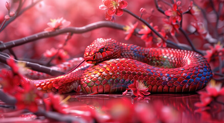 Wall Mural - A red snake with colorful scales coiled around plum blossoms, surrounded by blooming flowers.