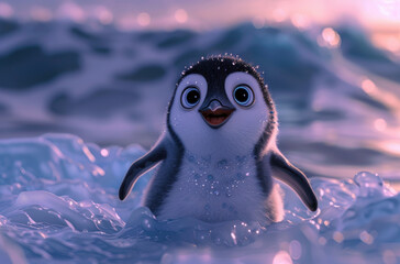Poster - Cute baby penguin with big eyes, standing on ice in the ocean