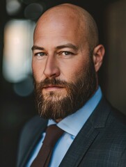 Wall Mural - an attractive bald and beard man wearing suit professional portrait profile picture