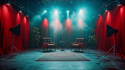 Poster - This stage with two chairs, a table, red curtains, and lighting equipment.