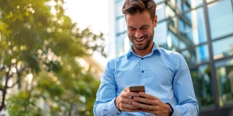 Wall Mural - young male holding a phone with skyscraper business background