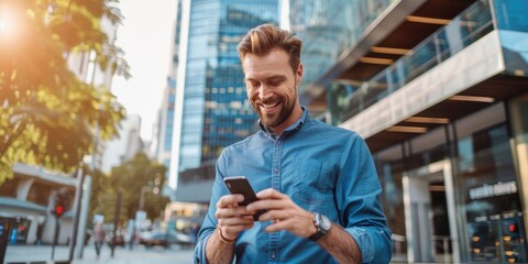 Wall Mural - young male holding a phone with skyscraper business background