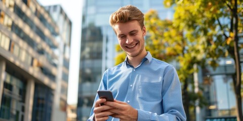 Wall Mural - young male holding a phone with skyscraper business background