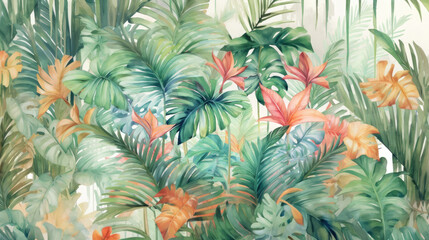  Background watercolor tropical plants monstera leaves.