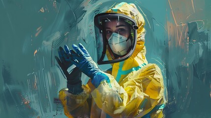 Asian doctor in protective hazmat PPE suit wearing medical latex gloves.