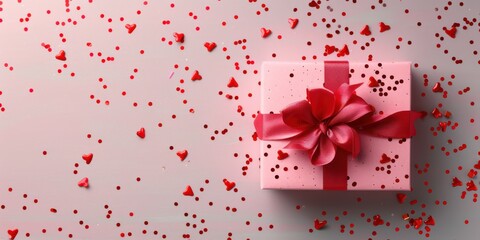 A pink box with a red ribbon sits on a table covered in red confetti