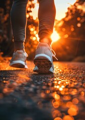 A close-up shot of a person's feet in running shoes walking on a paved path during sunset. the warm golden light and the texture of the ground, emphasizing a natural aesthetic in an outdoor setting.