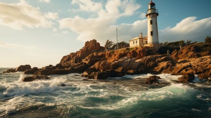 a lighthouse sits on a rocky shore with flowers in the foreground.