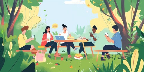 Leinwandbilder - Start-up team working on a project and then going for a picnic in the park