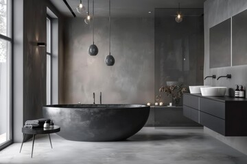 Wall Mural - Interior of modern bathroom with gray walls, concrete floor, black bathtub standing on gray countertop.