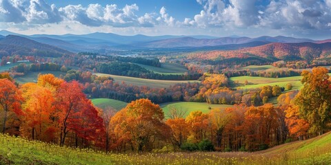 Wall Mural - A panoramic view of rolling hills and valleys covered in a patchwork of colorful autumn foliage