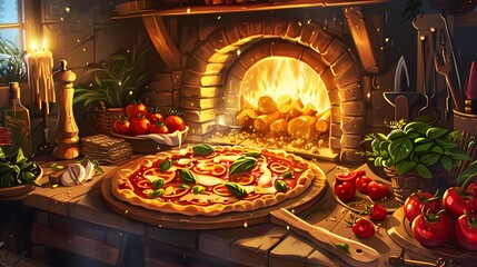 Delicious pizza in the oven. 