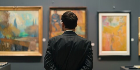 Wall Mural - A businessman attending an auction to bid on valuable artwork for his private collection