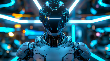 A robot with a helmet and a blue suit stands in a room with neon lights