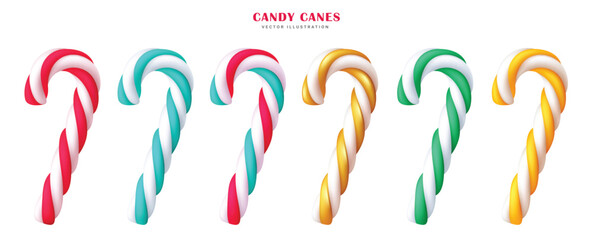 Poster - Christmas candy cane elements vector set design. Candy cane lollipop stick in colorful twisted, twirl and stripes element collection isolated in white background. Vector illustration 3d realistic 