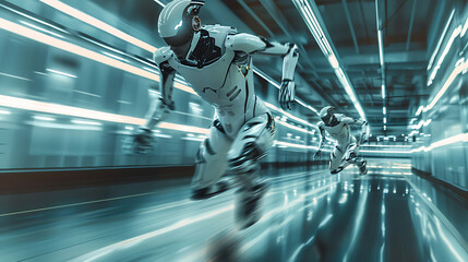 Wall Mural - A group of robots are running in a race