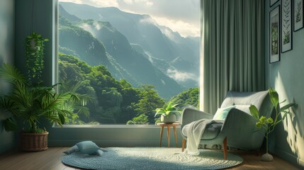 Wall Mural - A room with a large window overlooking a mountain range