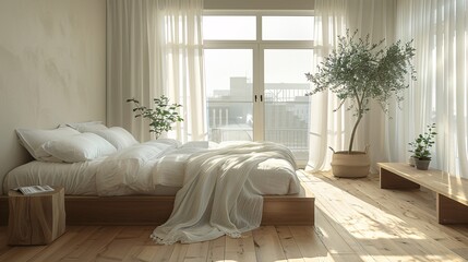 Poster - Sunlit bedroom with wooden bed and white linens, large window, and indoor plants.