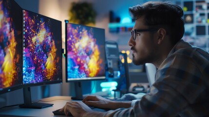Focused developer working on a project with dual monitors displaying vibrant graphics in a modern, well-lit office environment.