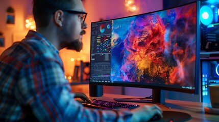 Man working on computer with colorful screen in modern workspace, engaging in digital art or graphic design project during evening.