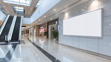 Poster - Blank white signboard mounted on a wall inside a sleek business mall, with escalators and retail spaces visible in the background