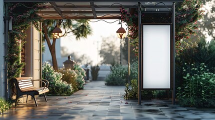 Poster - Empty white mockup signboard at a bus stop shelter, positioned next to a bench and surrounded by urban scenery