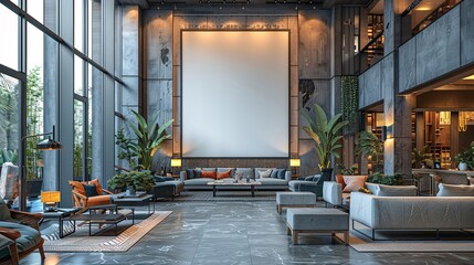 Poster - Blank white signboard in a hotel lobby, surrounded by contemporary decor and stylish furnishings