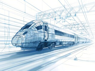 Wall Mural - Futuristic Wireframe of High Speed Train Design Blueprint