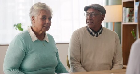 Poster - Senior, couple and discussion in office with lawyer for legal consultation, will writing and power of attorney for estate. People, talking and document for trust establishment and retirement planning