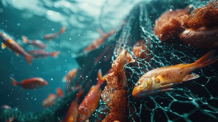 School of vibrant orange fish caught in an underwater fishing net, surrounded by floating particles, capturing the dynamic and vibrant underwater scene.