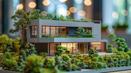 Close-up of a minimalist modern house model with a green park landscape and a blurred office background.