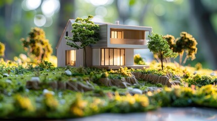 Close-up of an eco-friendly minimalist home model with park landscape, blurred office background.