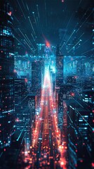 Wall Mural - Futuristic Cyberpunk Cityscape with Neon Lights and Skyscrapers in Dystopian Night