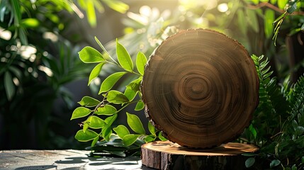 Canvas Print - Wooden Circle on a Tree Stump Surrounded by Lush Green Foliage