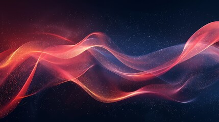 A red and white wavy abstract shape on dark background, flowing like liquid, with a deep blue starry sky in the background. The design is minimalistic, featuring an elegant curve and smooth lines. It