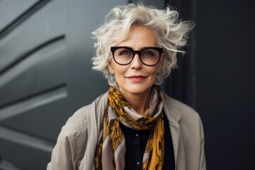 Poster - Portrait of a beautiful middle-aged woman with short gray hair wearing glasses and a scarf.