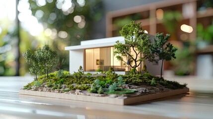 Model of a house with a garden in front of it. The house is white and has a lot of greenery around it. The garden is full of trees and bushes, and there are potted plants scattered around the area