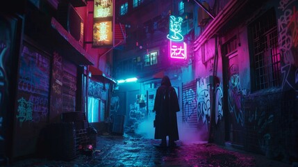 Poster - Capture a moment in a cyberpunk alleyway, where a cloaked figure exchanges data chips with a shadowy contact, neon signs and graffiti decorating the walls.