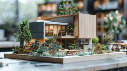 Architecture modern greenhouse paper model in an architecture office, surrounded by plants and paper tools