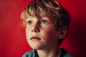 Poster - Portrait of a boy with blue eyes on a red background.