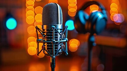 Poster - This close-up image of a microphone in a recording studio. Podcast and streaming concept