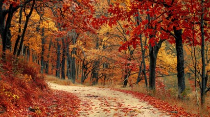 Poster - Capture a peaceful forest path in autumn, with trees adorned in warm hues of red, orange, and yellow, and leaves gently falling to the ground.