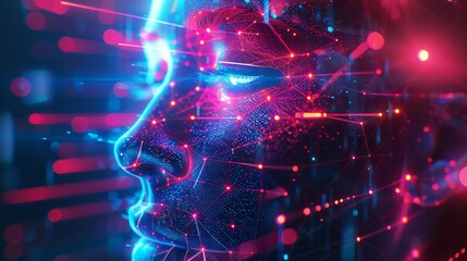 Poster - Futuristic digital face with vibrant glowing lights and network connections, representing artificial intelligence and technology advancements.