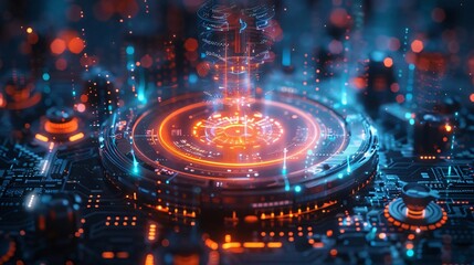 Poster - Futuristic glowing interface hub surrounded by circuitry and orange and blue lights, representing advanced technology and innovation.