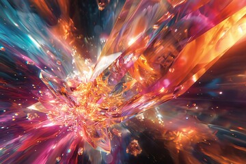 Poster - Vibrant abstract explosion featuring colorful crystals and light beams, perfect for backgrounds, wallpapers, and creative projects.