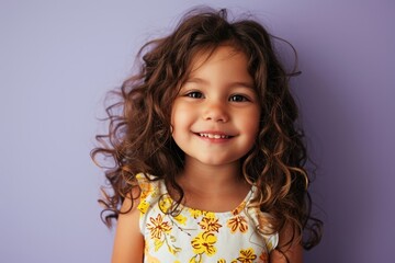 Wall Mural - Portrait of a smiling little girl with long curly hair on violet background