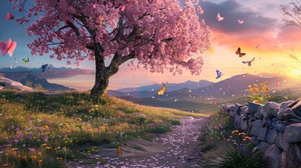 Poster - Springtime Landscape with Blossoming Tree and Butterflies