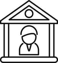 Poster - Bank teller is standing behind the counter inside a bank building in this simple line art icon