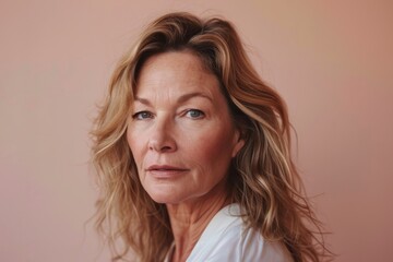 Wall Mural - Portrait of a mature woman with long blond hair on a pink background